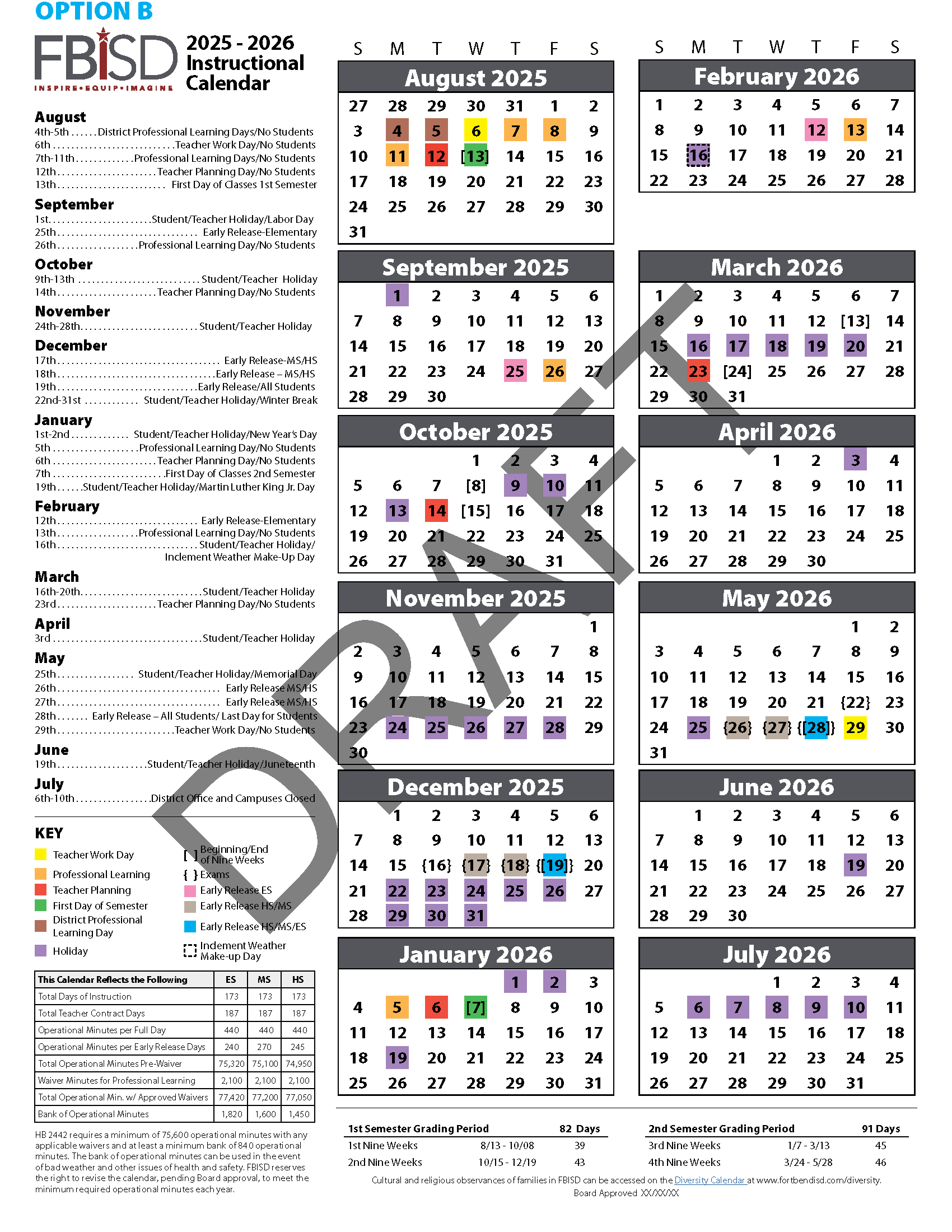 2025-2026 Instructional Calendar Draft B in English